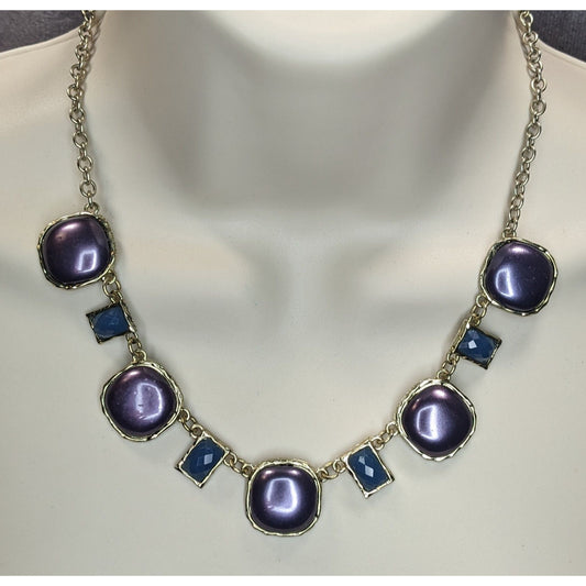 Glam Purple Blue Statement Necklace Silver Tone Geometric Cabochon Jewelry