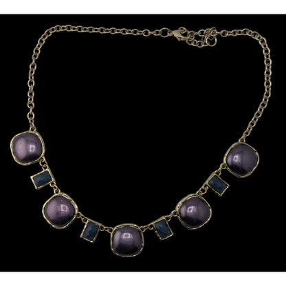 Glam Purple Blue Statement Necklace Silver Tone Geometric Cabochon Jewelry