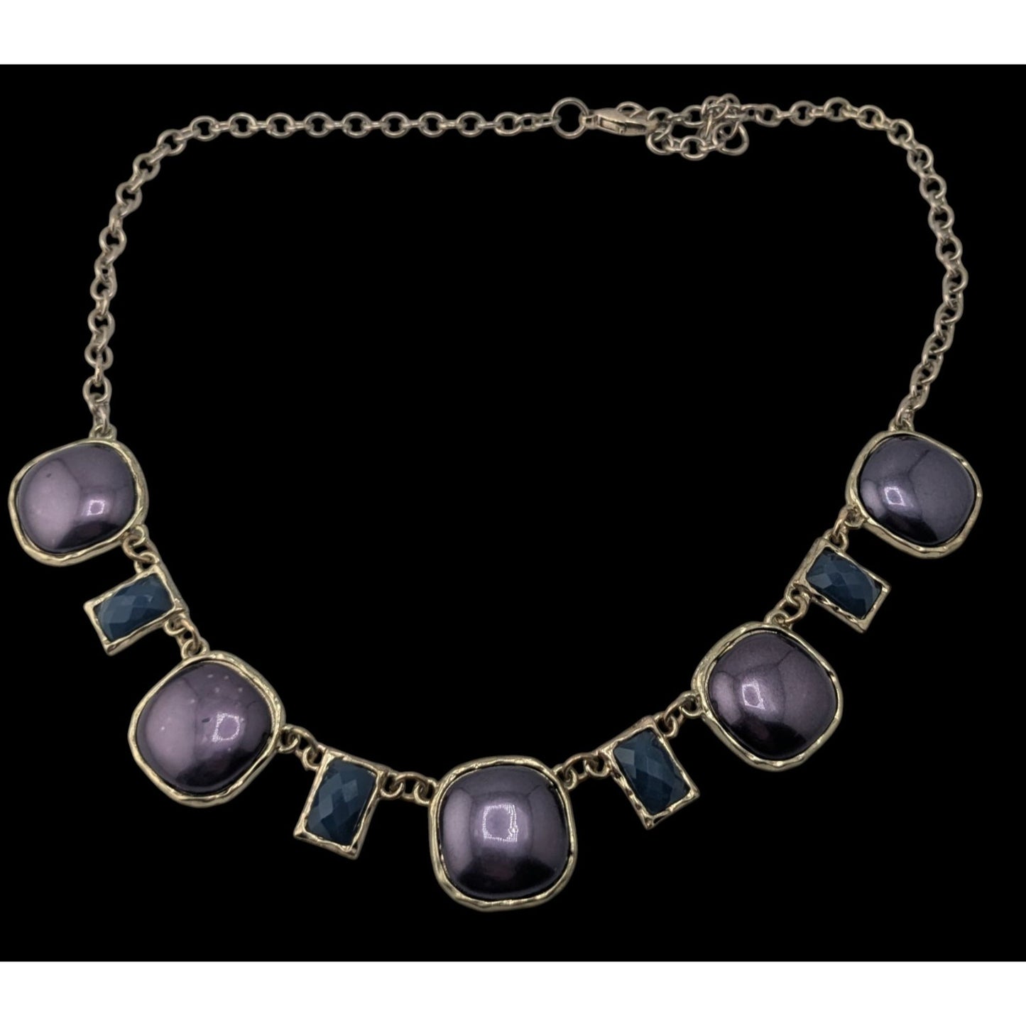 Glam Purple Blue Statement Necklace Silver Tone Geometric Cabochon Jewelry
