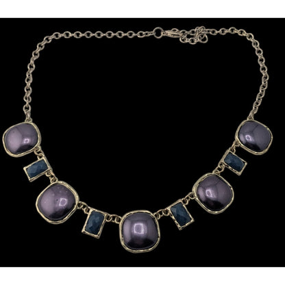 Glam Purple Blue Statement Necklace Silver Tone Geometric Cabochon Jewelry
