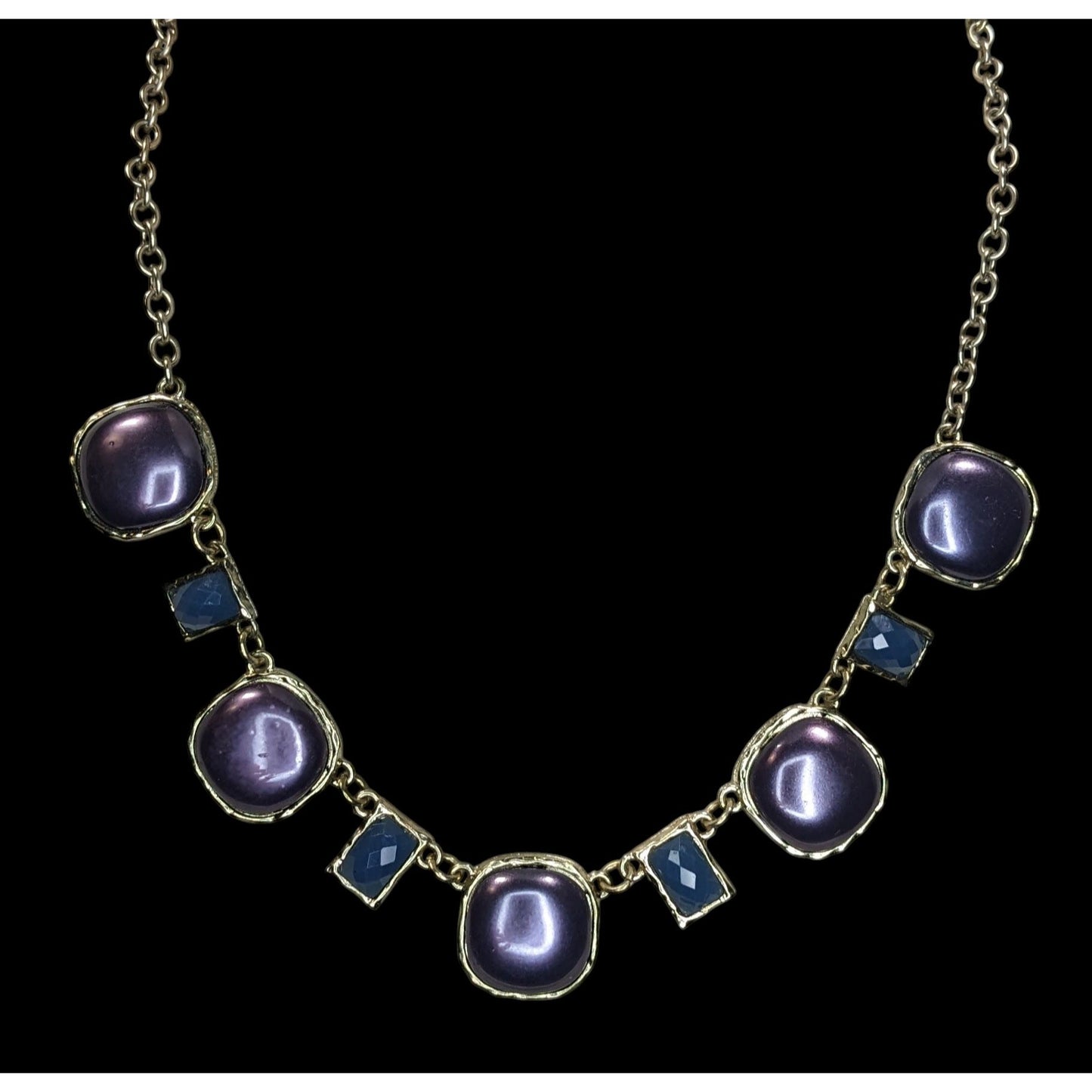 Glam Purple Blue Statement Necklace Silver Tone Geometric Cabochon Jewelry