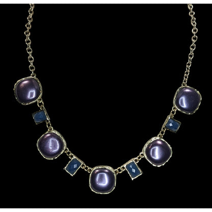Glam Purple Blue Statement Necklace Silver Tone Geometric Cabochon Jewelry