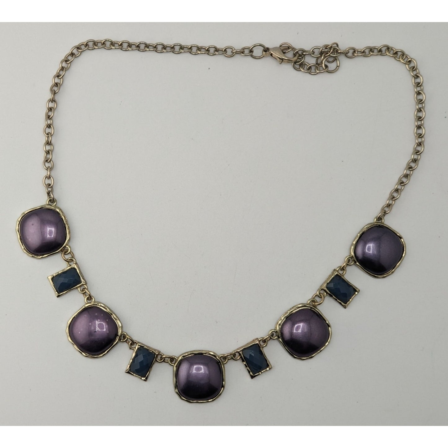 Glam Purple Blue Statement Necklace Silver Tone Geometric Cabochon Jewelry