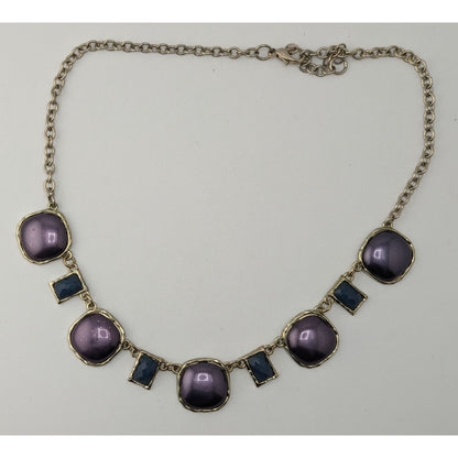 Glam Purple Blue Statement Necklace Silver Tone Geometric Cabochon Jewelry