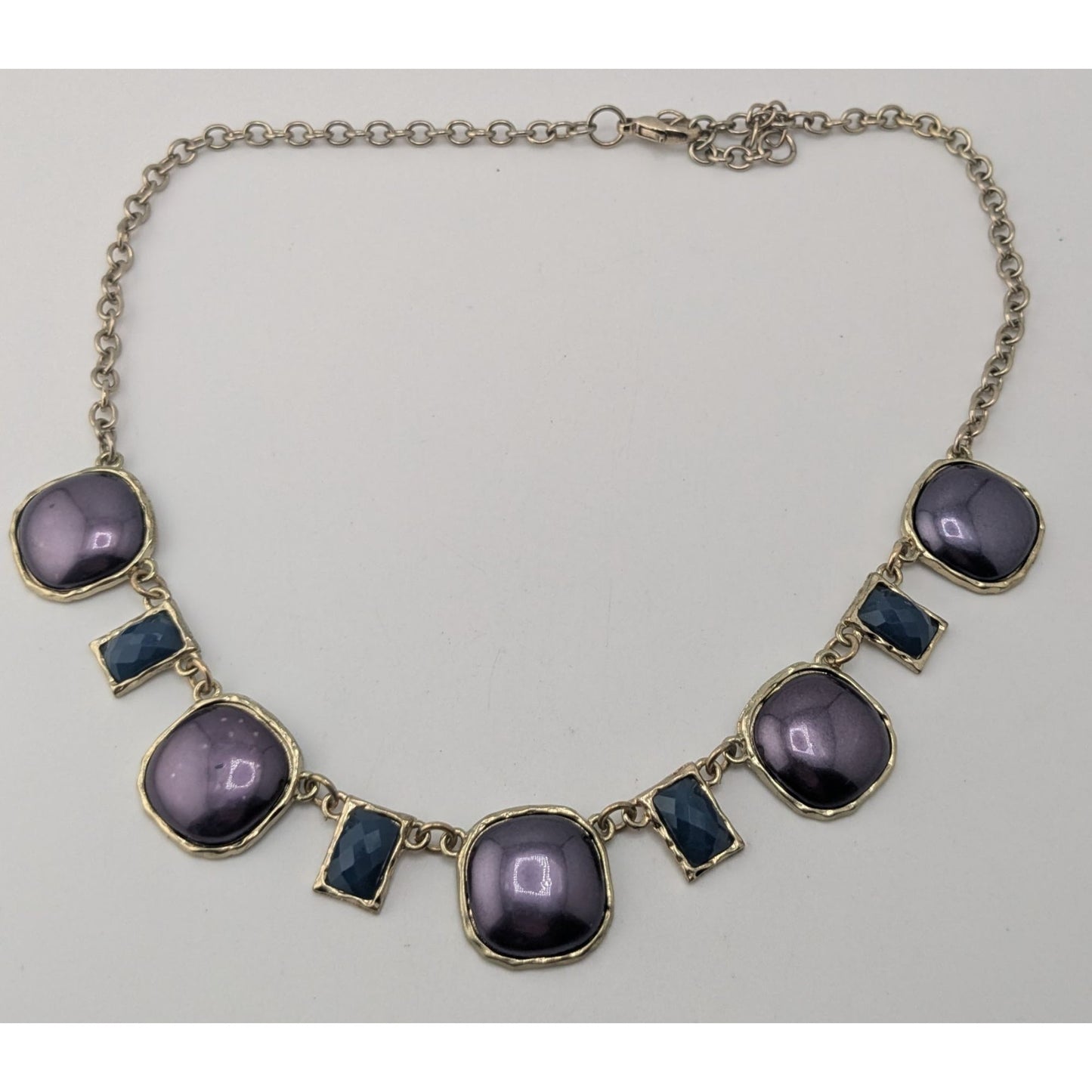 Glam Purple Blue Statement Necklace Silver Tone Geometric Cabochon Jewelry