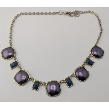 Glam Purple Blue Statement Necklace Silver Tone Geometric Cabochon Jewelry