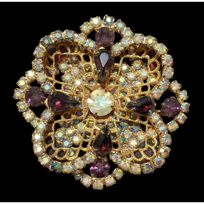 Vintage Floral Glam Multilayer Gold And Purple Rhinestone Brooch