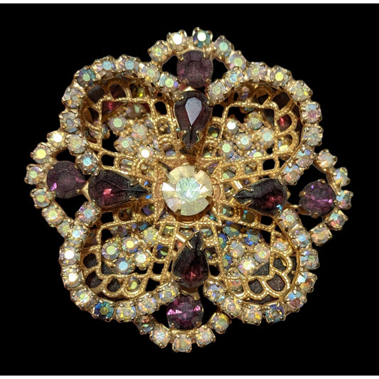 Vintage Floral Glam Multilayer Gold And Purple Rhinestone Brooch