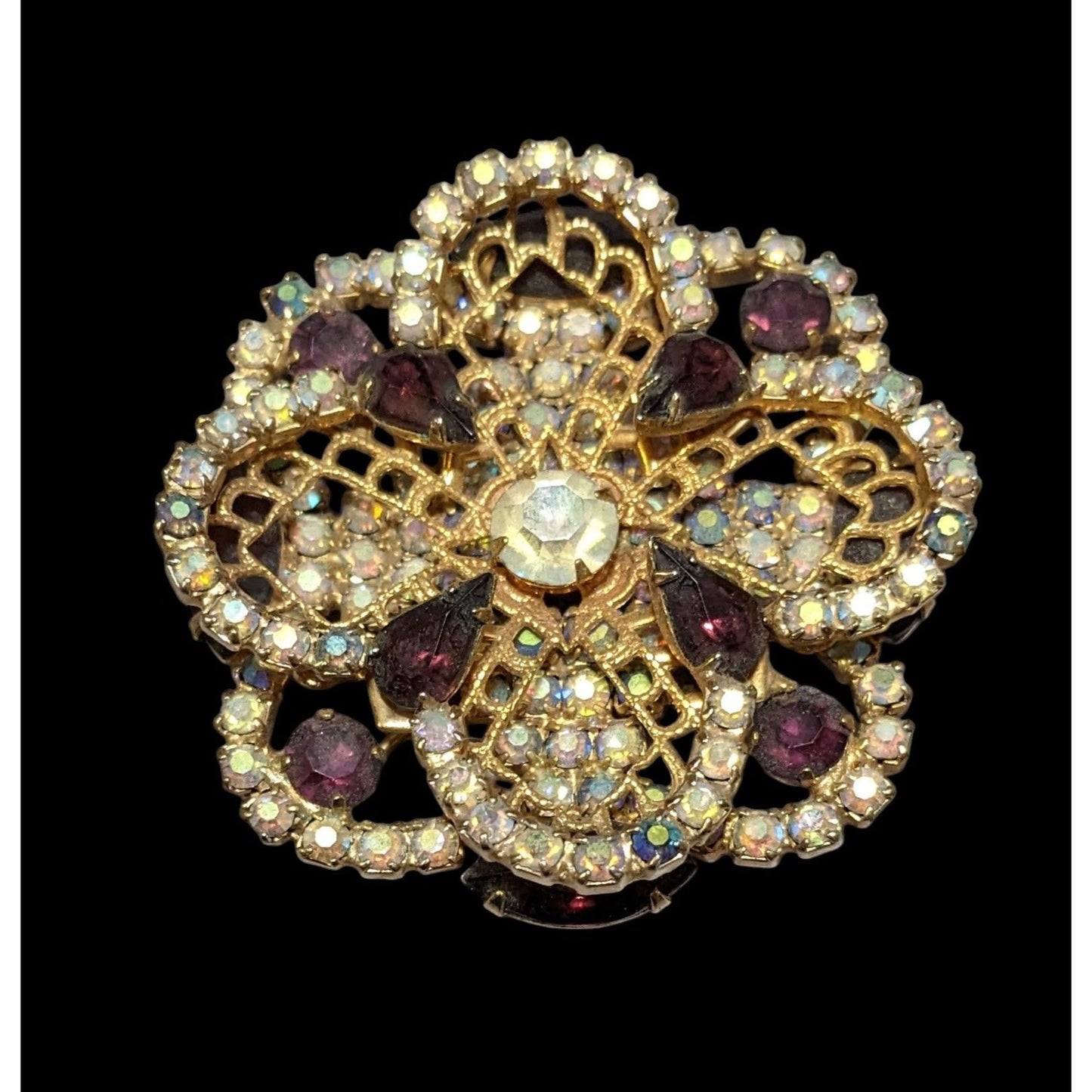 Vintage Floral Glam Multilayer Gold And Purple Rhinestone Brooch