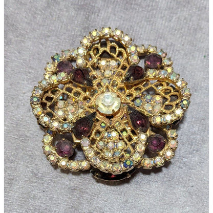 Vintage Floral Glam Multilayer Gold And Purple Rhinestone Brooch