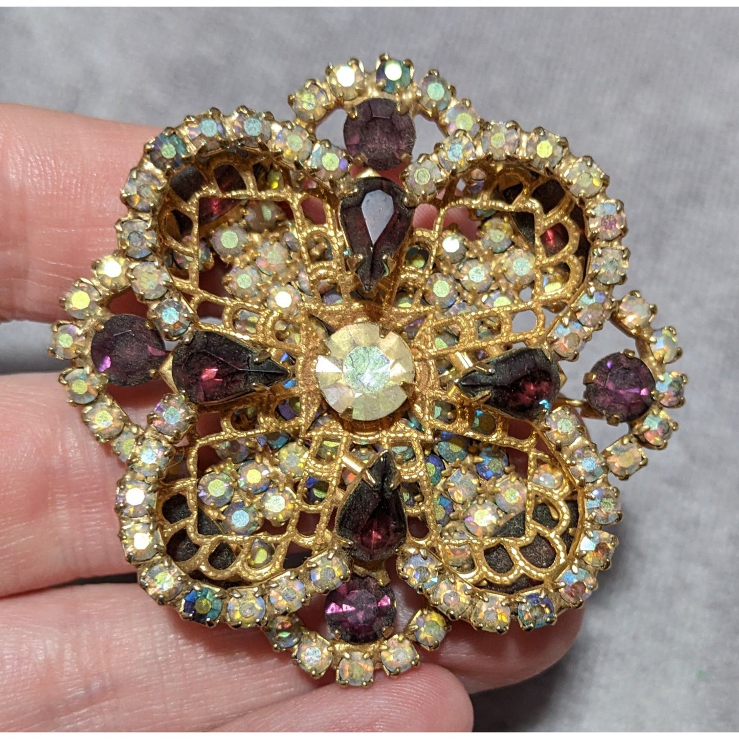 Vintage Floral Glam Multilayer Gold And Purple Rhinestone Brooch