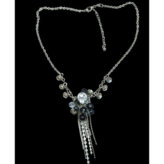 Vintage Handmade Glam Goth Silver Teardrop Crystal Cluster Tassel Necklace