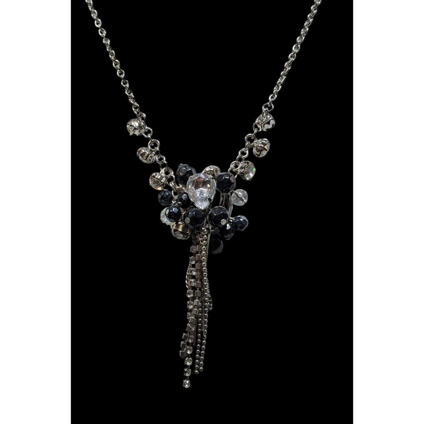 Vintage Handmade Glam Goth Silver Teardrop Crystal Cluster Tassel Necklace