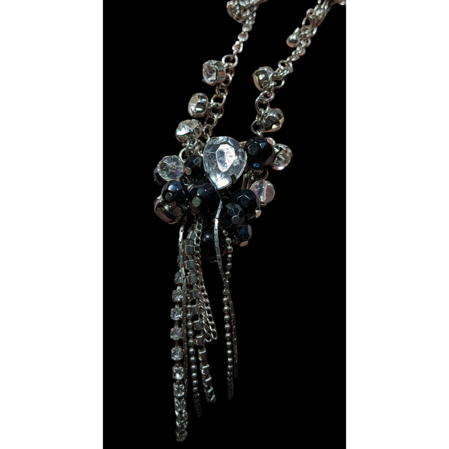 Vintage Handmade Glam Goth Silver Teardrop Crystal Cluster Tassel Necklace