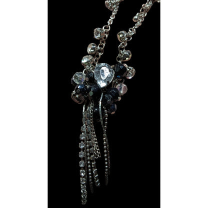 Vintage Handmade Glam Goth Silver Teardrop Crystal Cluster Tassel Necklace