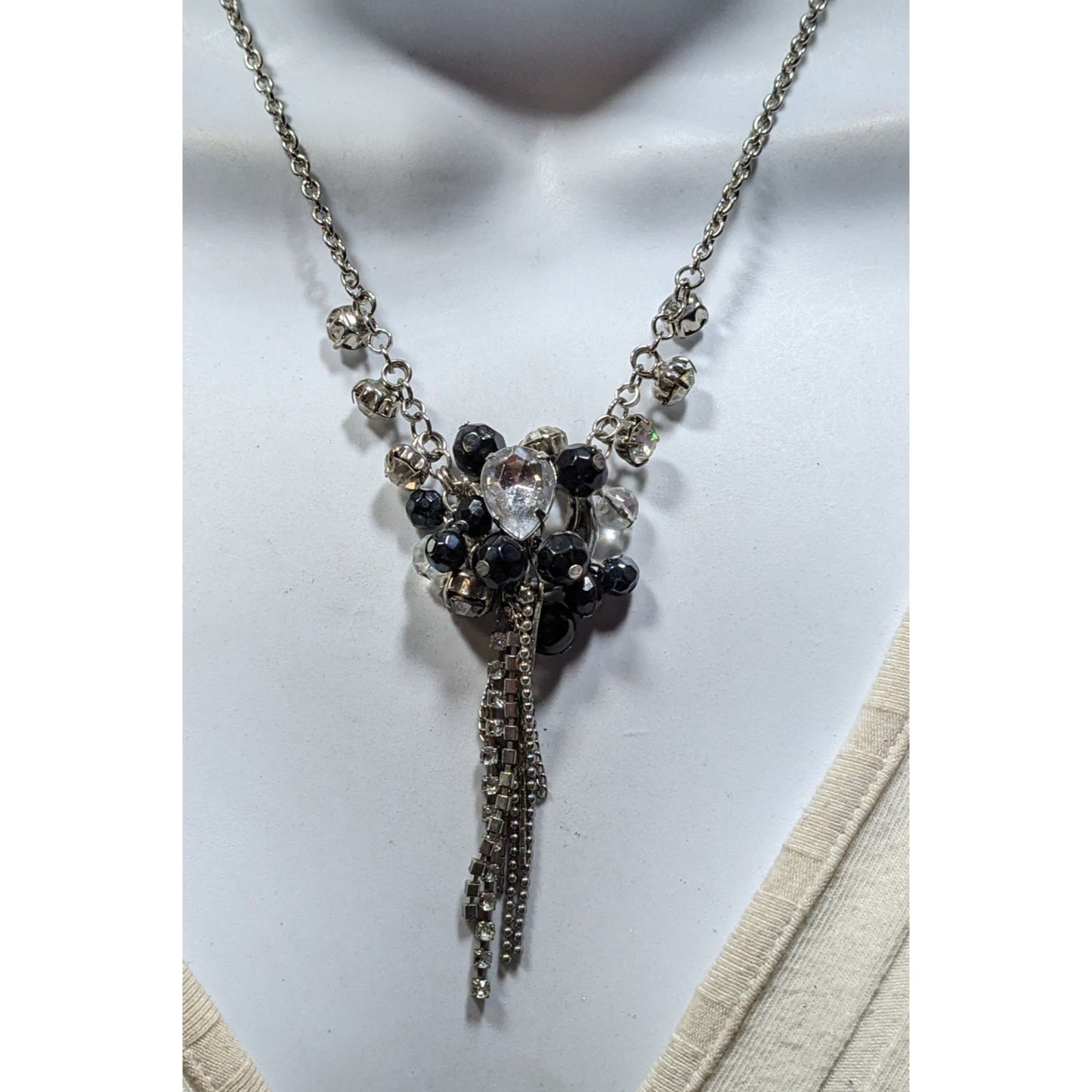 Vintage Handmade Glam Goth Silver Teardrop Crystal Cluster Tassel Necklace