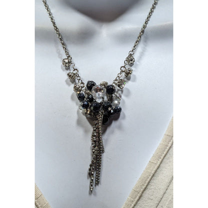Vintage Handmade Glam Goth Silver Teardrop Crystal Cluster Tassel Necklace