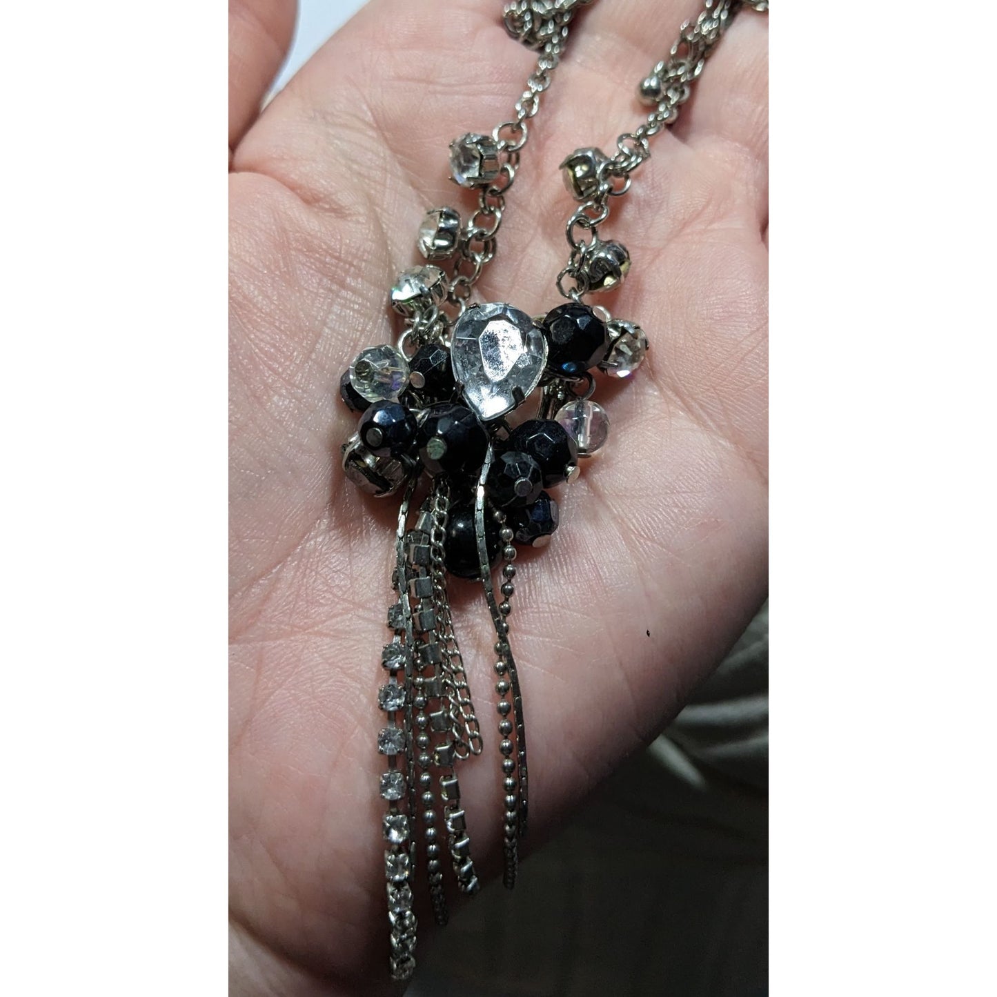 Vintage Handmade Glam Goth Silver Teardrop Crystal Cluster Tassel Necklace