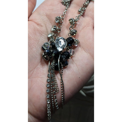 Vintage Handmade Glam Goth Silver Teardrop Crystal Cluster Tassel Necklace