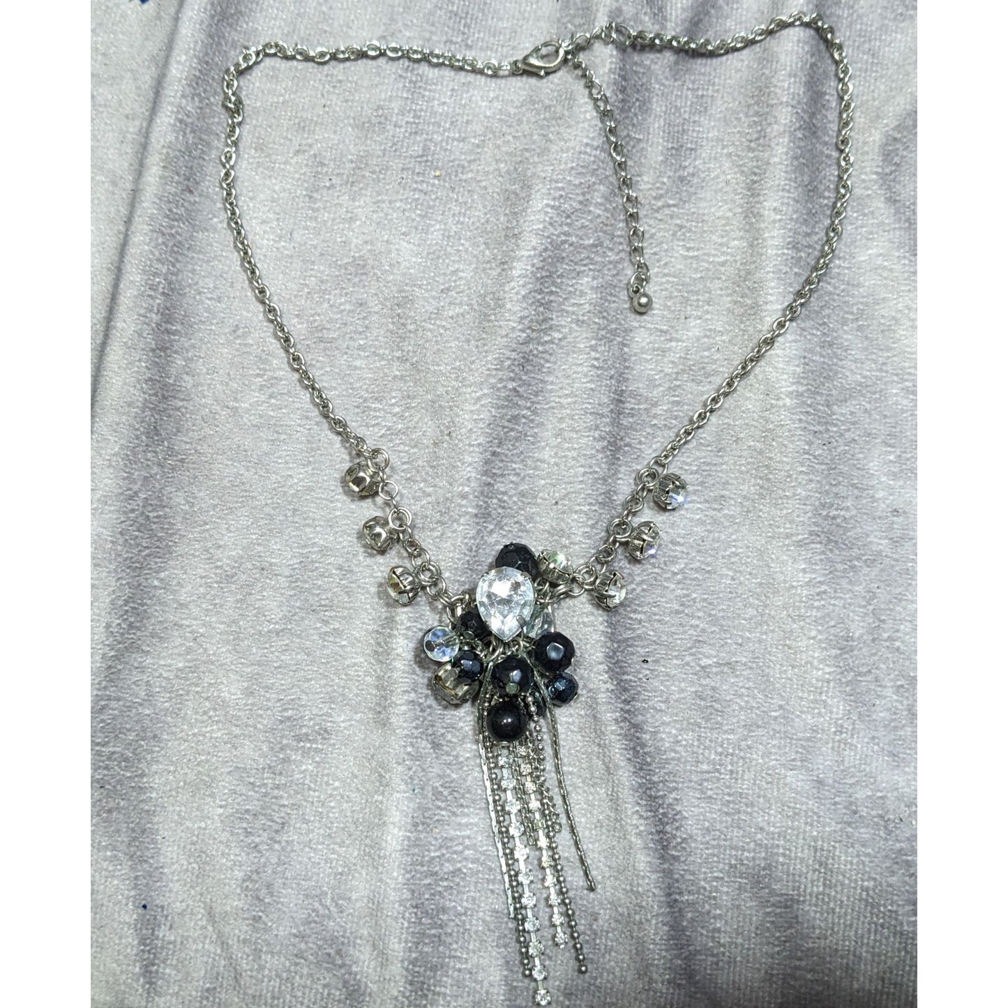 Vintage Handmade Glam Goth Silver Teardrop Crystal Cluster Tassel Necklace