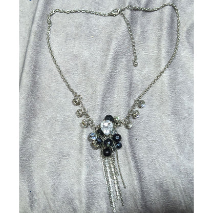 Vintage Handmade Glam Goth Silver Teardrop Crystal Cluster Tassel Necklace