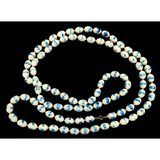 Vintage Hand Painted Acrylic Blue And White Beaded Necklace
