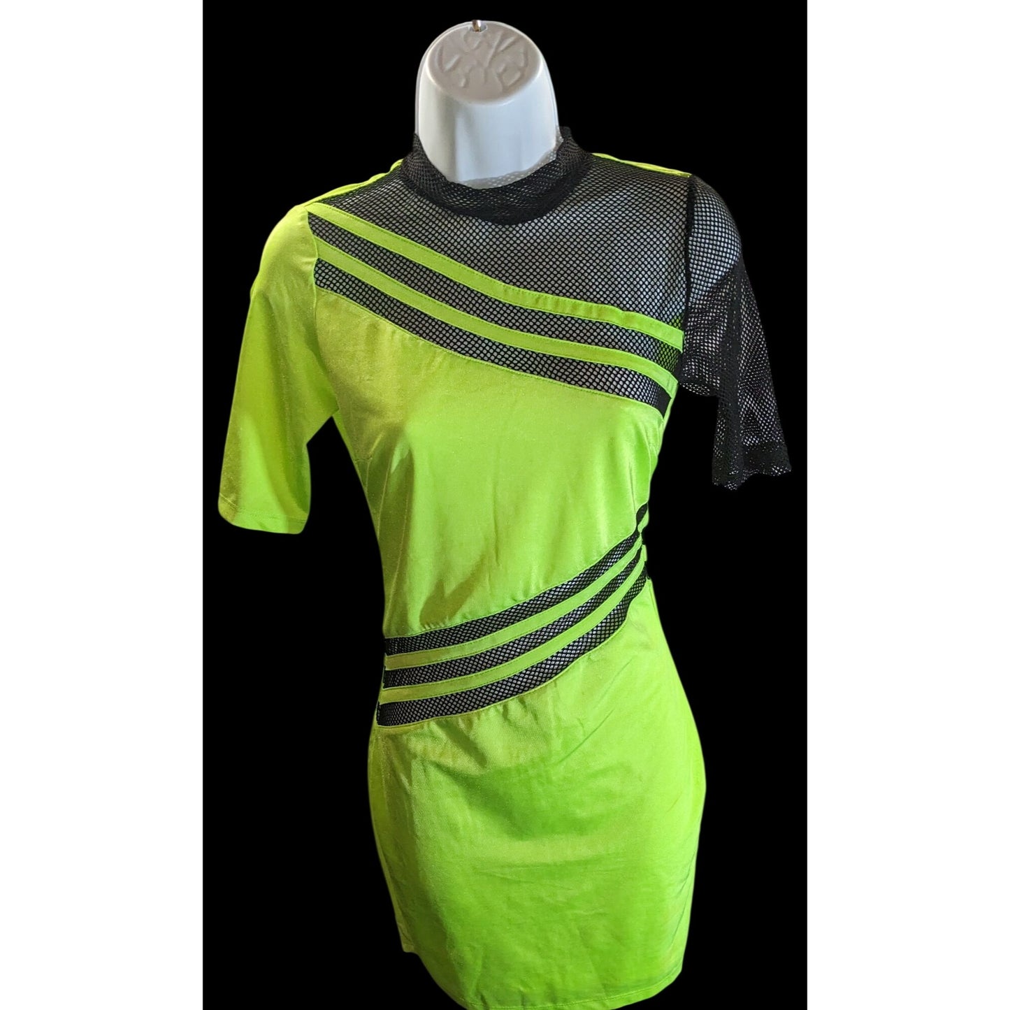 Nova Sport Mini Dress with Mesh Accents Black & Lime Sporty Clubwear Dress