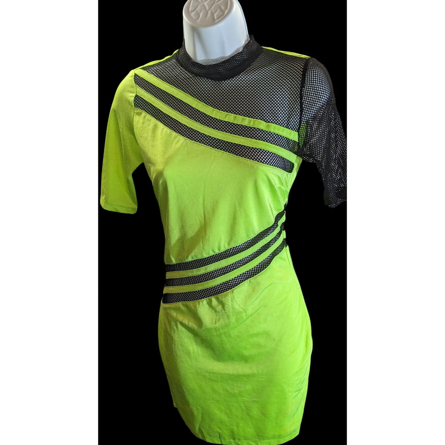 Nova Sport Mini Dress with Mesh Accents Black & Lime Sporty Clubwear Dress
