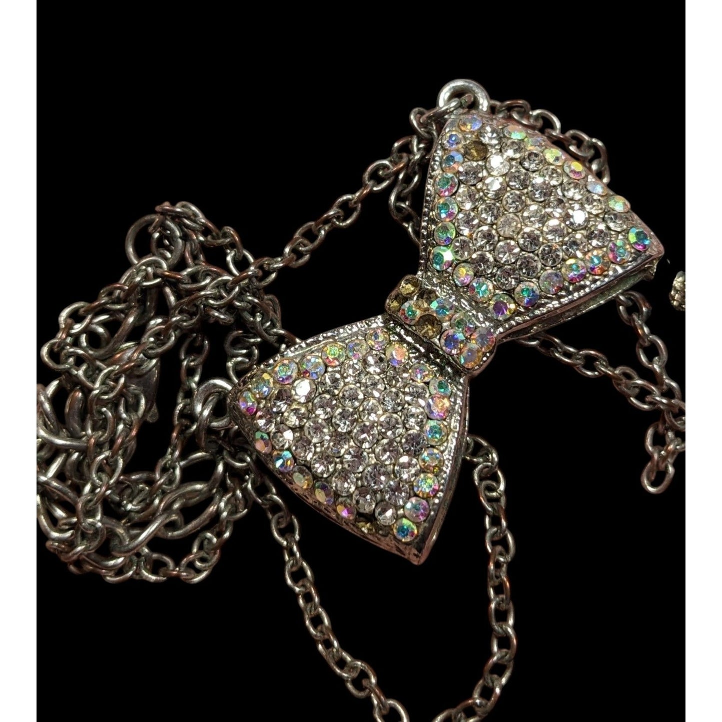 Coquette Glam Aurora Borealis Rhinestone Bow Necklace