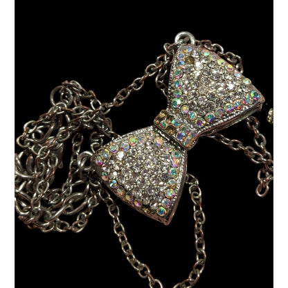 Coquette Glam Aurora Borealis Rhinestone Bow Necklace