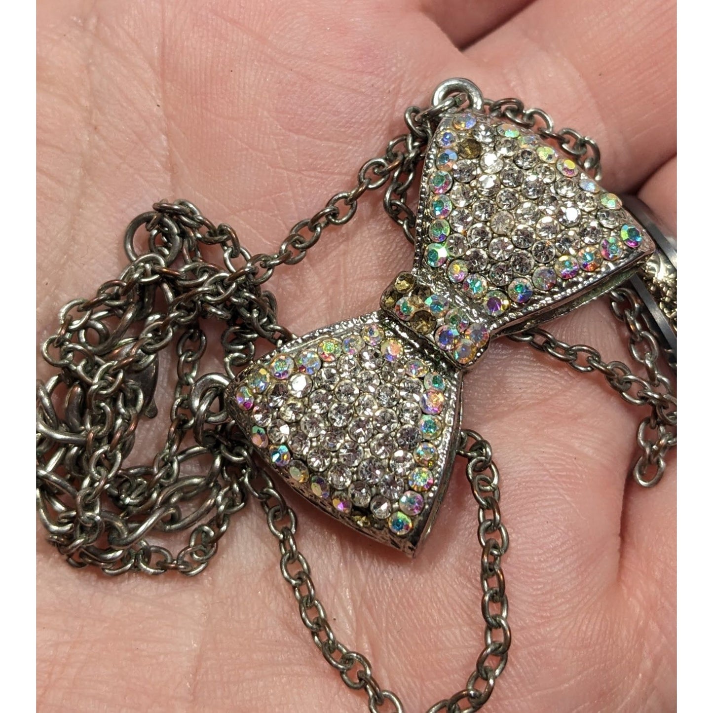 Coquette Glam Aurora Borealis Rhinestone Bow Necklace