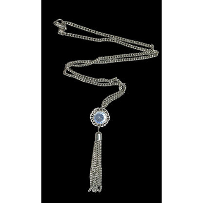 Blue Crystal Pendant Tassel Necklace On Silver Tone Chain