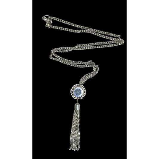 Blue Crystal Pendant Tassel Necklace On Silver Tone Chain