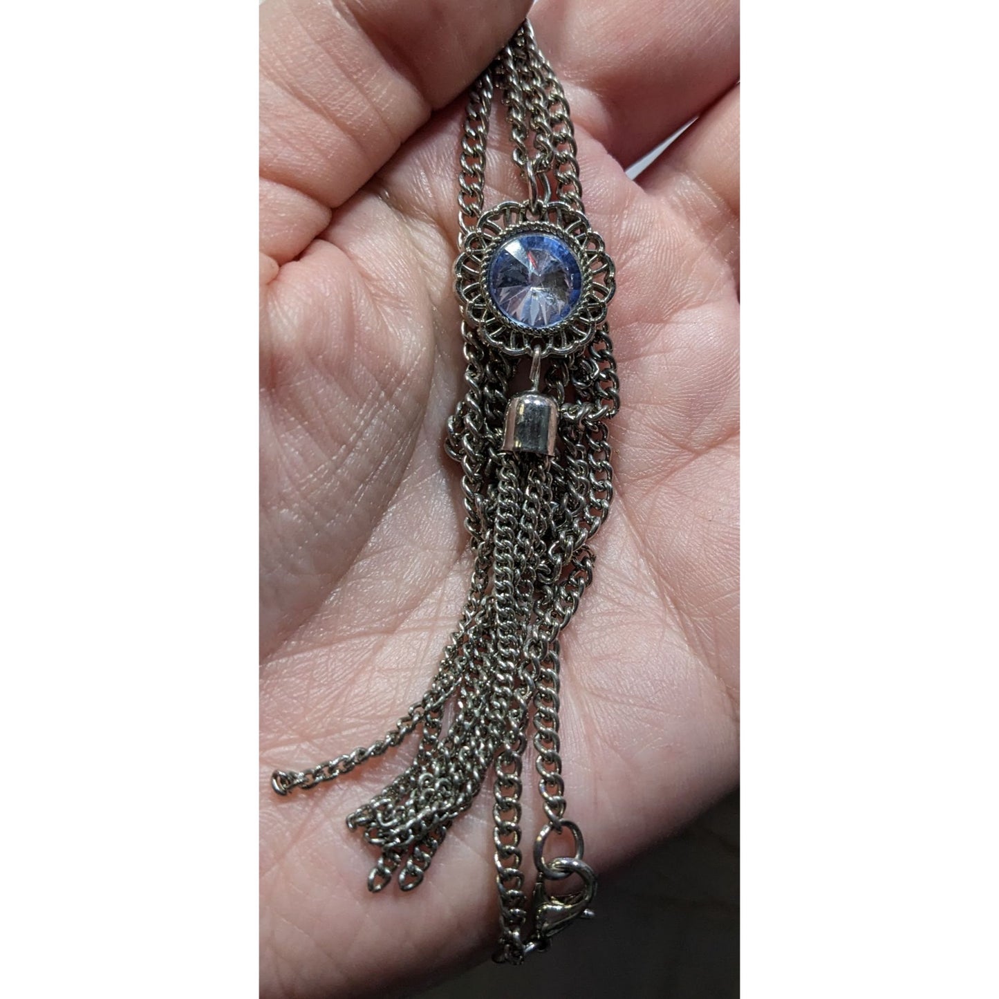 Blue Crystal Pendant Tassel Necklace On Silver Tone Chain