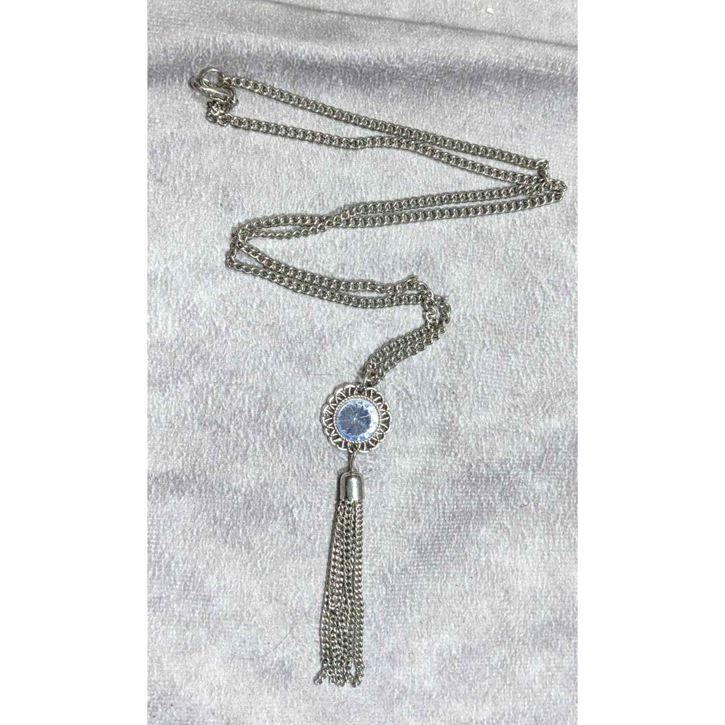 Blue Crystal Pendant Tassel Necklace On Silver Tone Chain