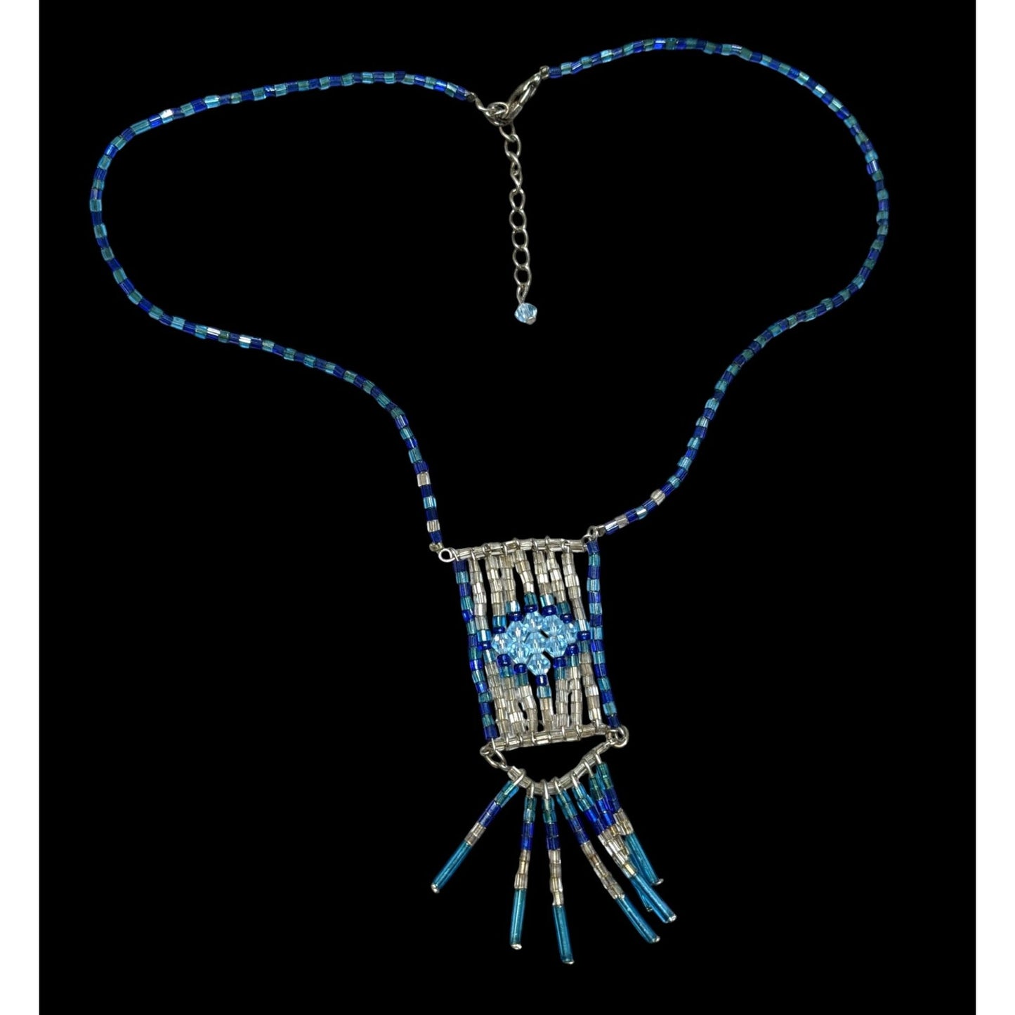 Handcrafted Bohemian Blue & Silver Tone Beaded Necklace With Fringe Pendant