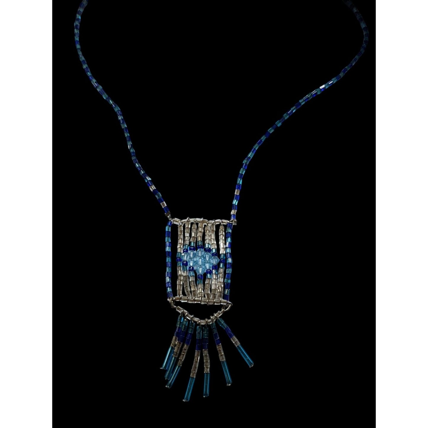 Handcrafted Bohemian Blue & Silver Tone Beaded Necklace With Fringe Pendant