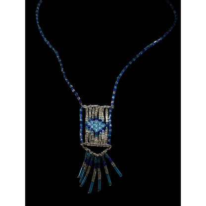 Handcrafted Bohemian Blue & Silver Tone Beaded Necklace With Fringe Pendant