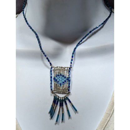 Handcrafted Bohemian Blue & Silver Tone Beaded Necklace With Fringe Pendant