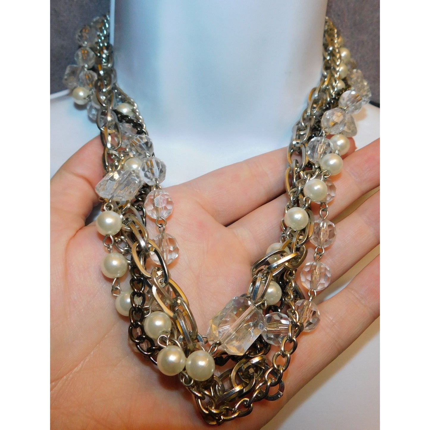 Elegant Glam Faux Pearl Chain And Glass Torsade Necklace