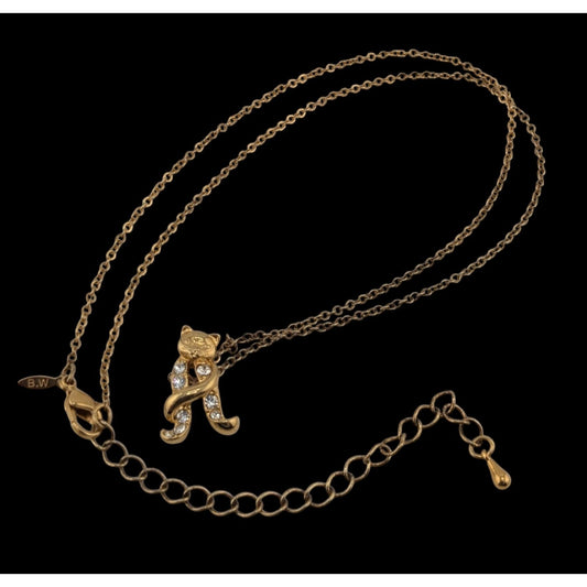 Avon Vintage Cat Pendant Necklace With Letter A & Rhinestones