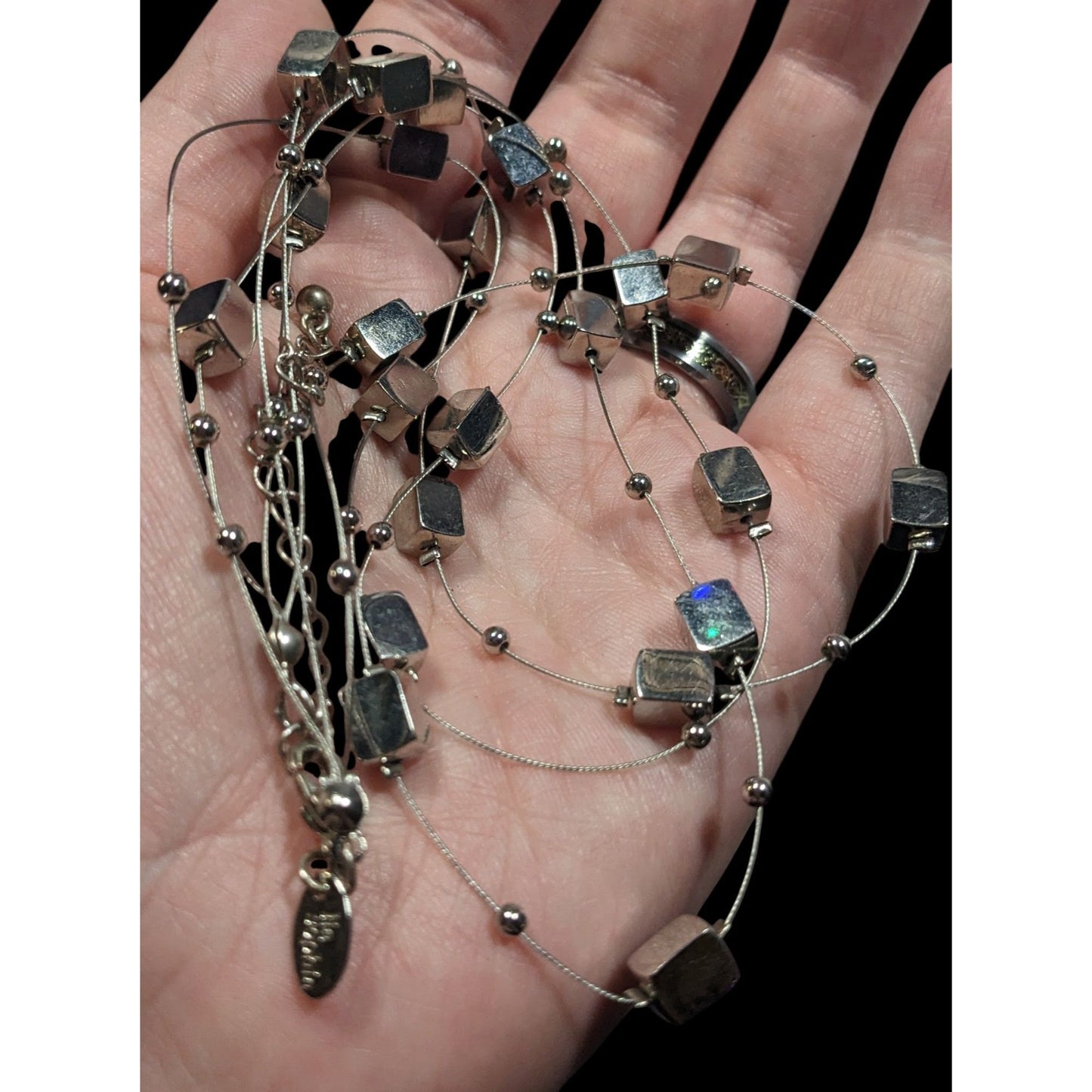 Lia Sophia "Mainstream" Floating Necklace With Silver Tone Cubes And Round Beads