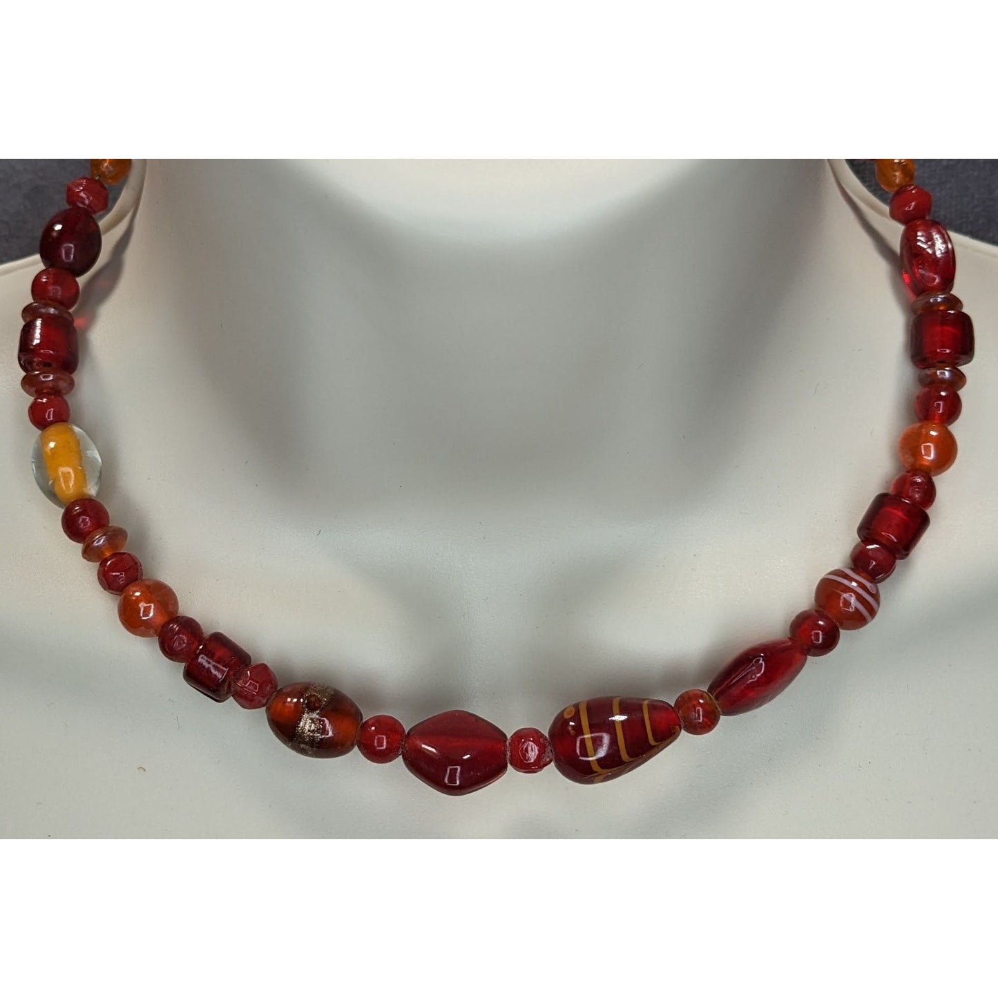 Handmade Red Glass Coil Bead Necklace Boho Artisan Statement Jewelry
