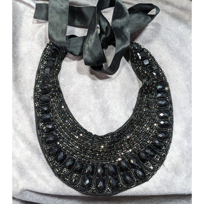 Gothic Vintage Handmade Satin Lined Glass Beaded Tie On Collar Necklace