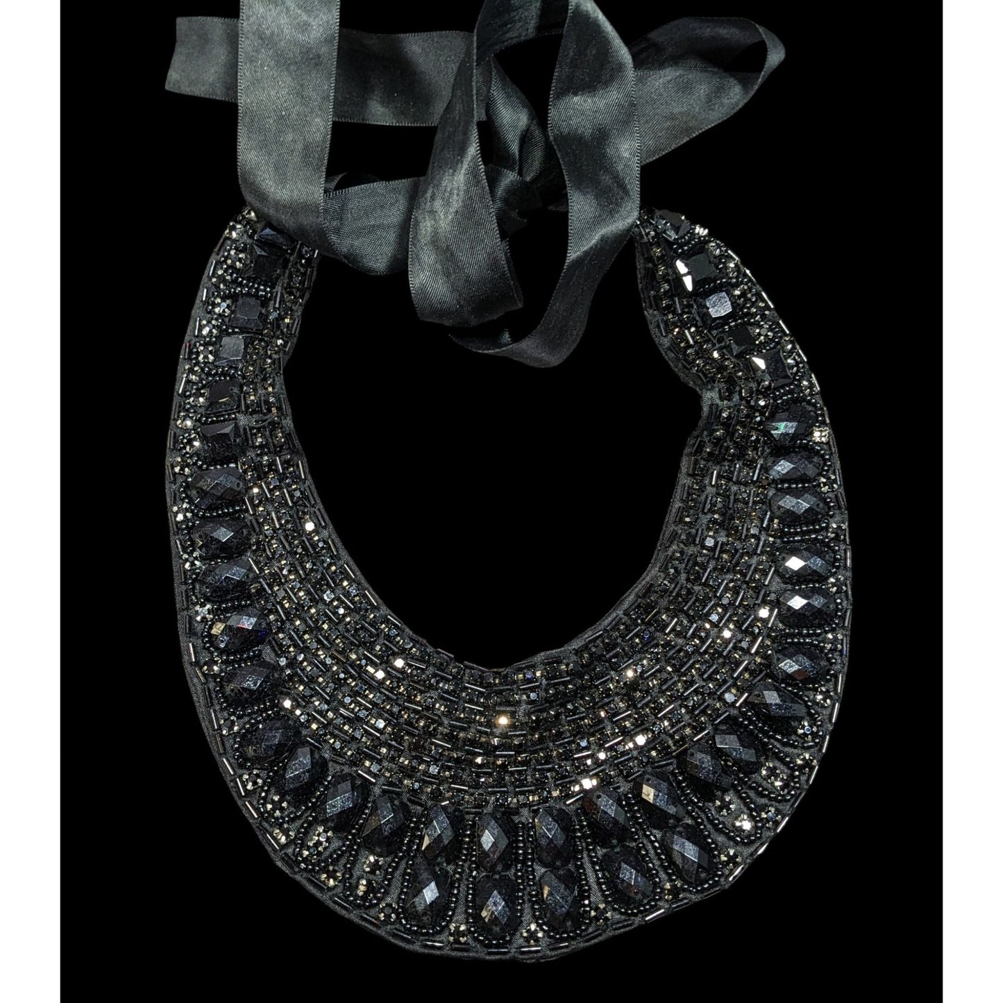 Gothic Vintage Handmade Satin Lined Glass Beaded Tie On Collar Necklace
