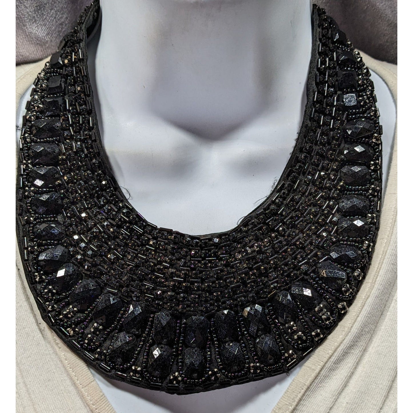 Gothic Vintage Handmade Satin Lined Glass Beaded Tie On Collar Necklace