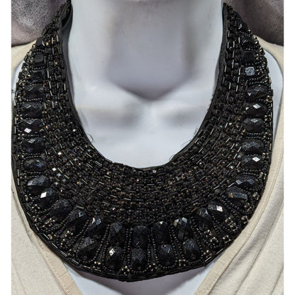 Gothic Vintage Handmade Satin Lined Glass Beaded Tie On Collar Necklace