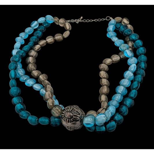Vintage Handmade Glass Beaded Necklace Blue And Silver Tone With Floral Metal Accent