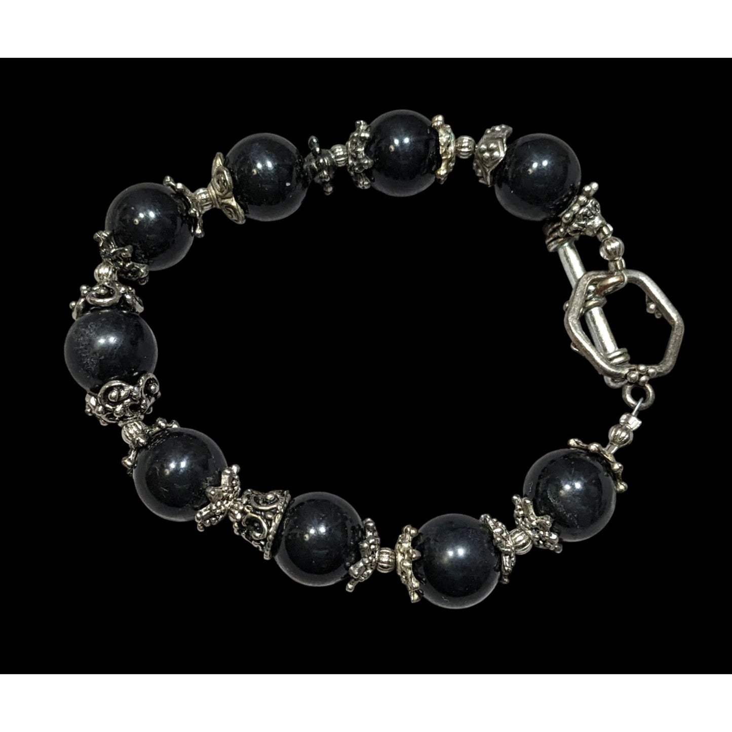 Handcrafted Gothic Black Beaded Bracelet With Intricate Silver Accents