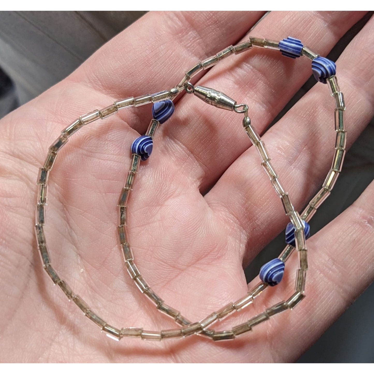 Handmade Heart & Swirl Beaded Necklace With Silver-Toned Tubes & Blue Accents